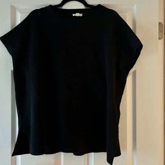 EILEEN FISHER Organic Cotton Crewneck Box Top Black Tee Size XL Cap Sleeve - Picture 2 of 14